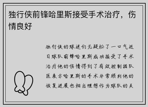 独行侠前锋哈里斯接受手术治疗，伤情良好