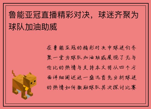 鲁能亚冠直播精彩对决，球迷齐聚为球队加油助威